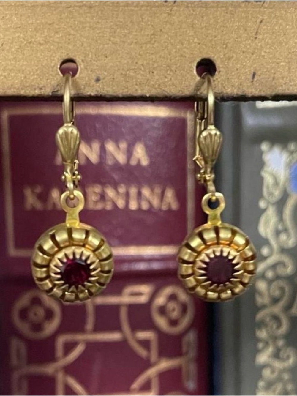 Vintage engraved gemstone earrings Gold-Tone Drop Earrings with Deep Red Stone